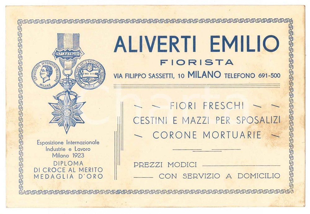 Materiale pubblicitario d’epoca 1940 MILANO via Sassetti  Fiorista ALIVERTI Emilio  Biglietto pubblicitario 1