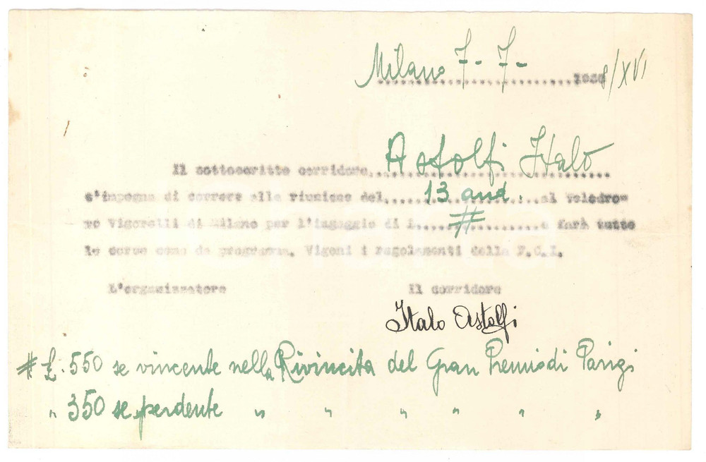 Autografo originale 1938 CICLISMO MILANO Vigorelli  Ricevuta Italo ASTOLFI per corsa  AUTOGRAFO 1