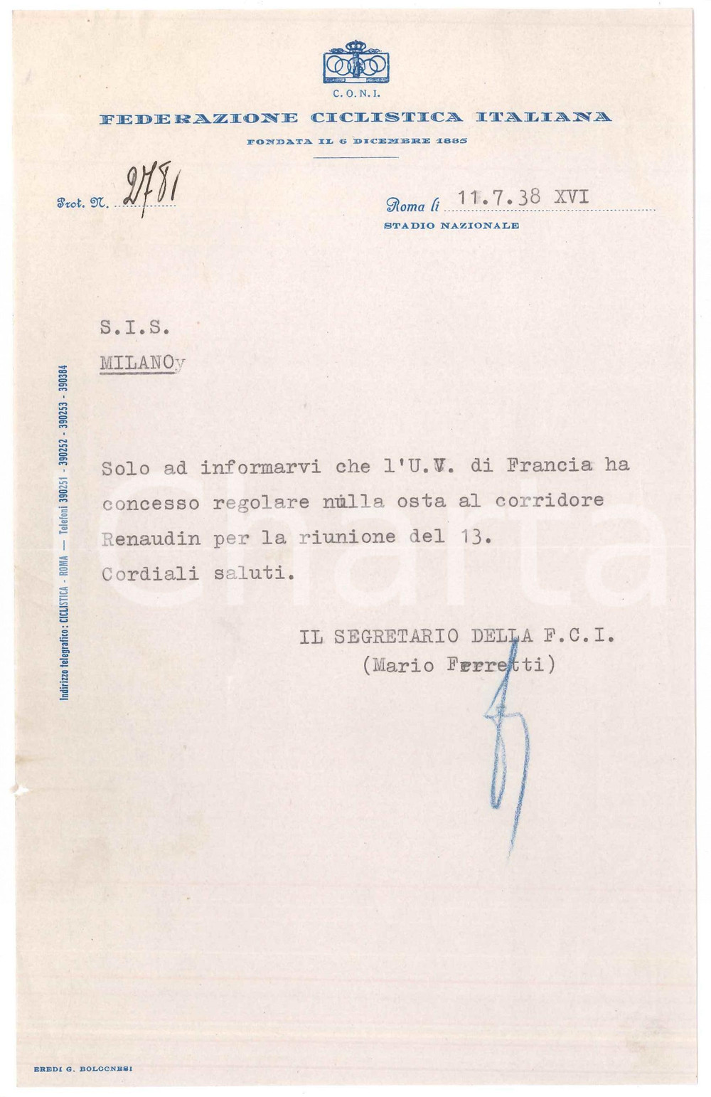Manoscritto, lettera originale 1938 CICLISMO ROMA CONI Federazione Ciclistica Italiana  Lettera Mario FERRETTI 1