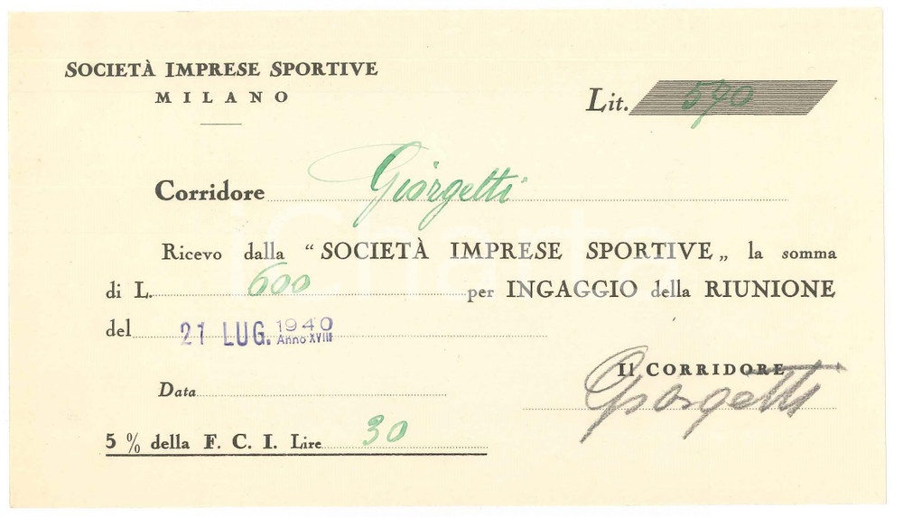 Autografo originale 1940 CICLISMO MILANO Ricevuta Franco GIORGETTI ingaggio VIGORELLI AUTOGRAFO 1