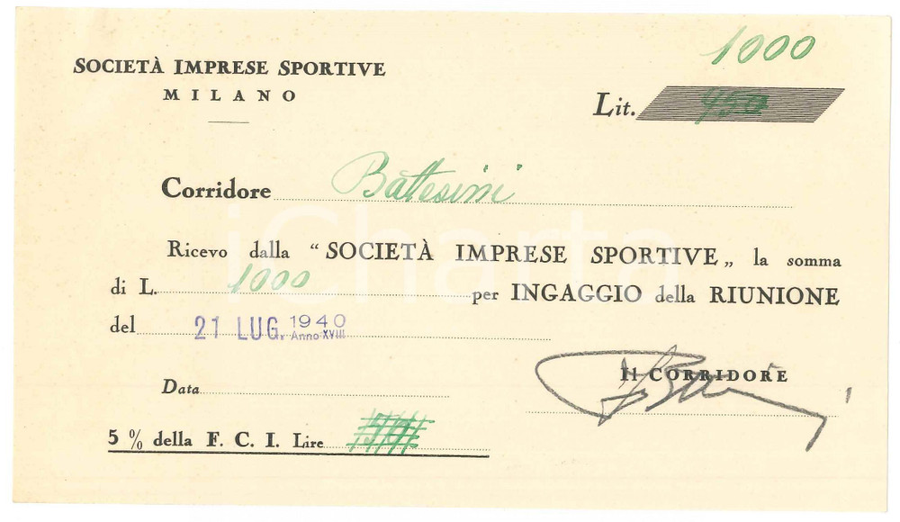 Autografo originale 1940 CICLISMO MILANO Ricevuta Fabio BATTESINI ingaggio VIGORELLI  AUTOGRAFO 1