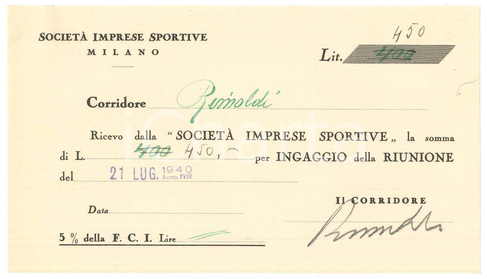 Autografo originale 1940 CICLISMO MILANO Ricevuta Pietro RIMOLDI ingaggio VIGORELLI AUTOGRAFO 1