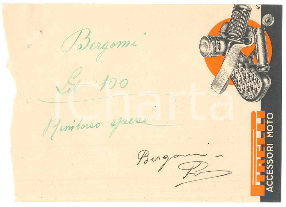 Autografo originale 1940 ca CICLISMO  Autografo Primo BERGOMI su ricevuta PIRELLI accessori moto 1