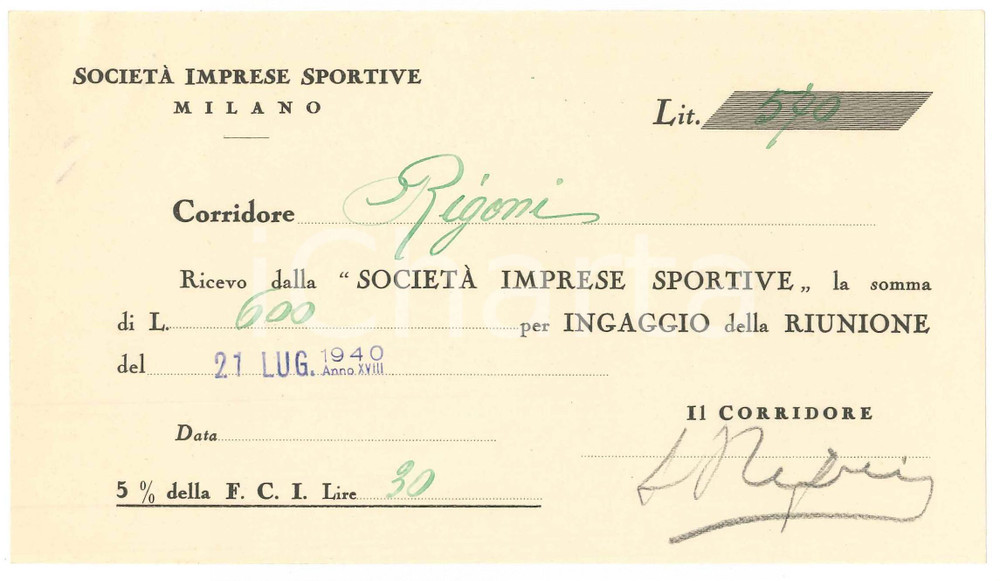 Autografo originale 1940 CICLISMO MILANO Ricevuta Severino RIGONI per ingaggio VIGORELLI  AUTOGRAFO 1
