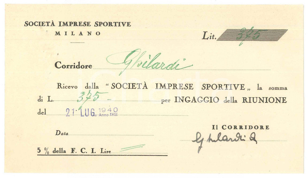 Autografo originale 1940 CICLISMO MILANO Ricevuta Alberto GHILARDI per ingaggio VIGORELLI AUTOGRAFO 1