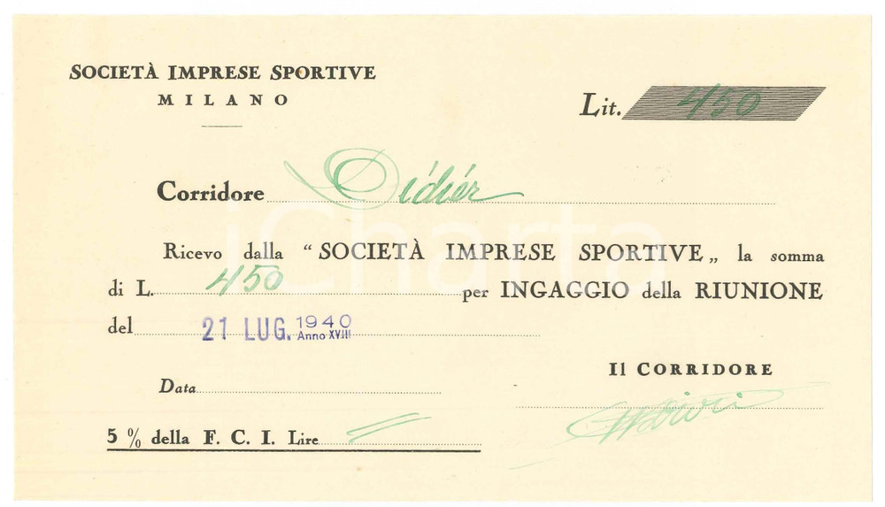 Autografo originale 1940 CICLISMO MILANO Ricevuta Christoph DIDIER ingaggio VIGORELLI AUTOGRAFO 1