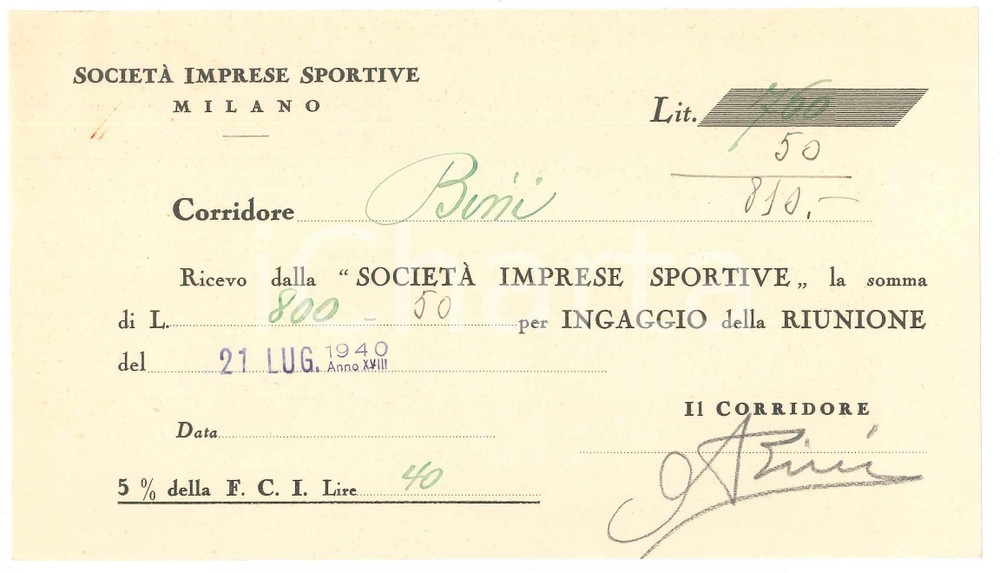 Autografo originale 1940 CICLISMO MILANO Ricevuta Aldo BINI per ingaggio VIGORELLI AUTOGRAFO 1