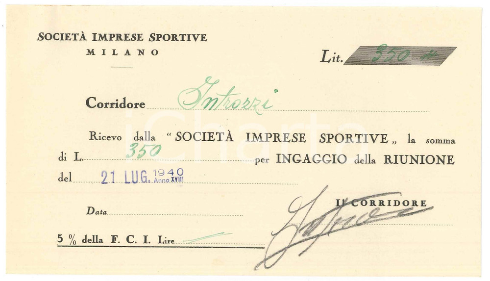 Autografo originale 1940 CICLISMO MILANO Ricevuta Augusto INTROZZI per ingaggio VIGORELLI AUTOGRAFO 1