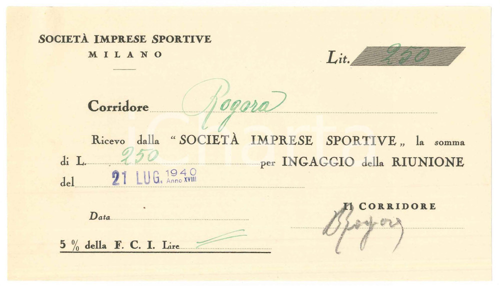 Autografo originale 1940 CICLISMO MILANO Ricevuta Bernardo ROGORA ingaggio VIGORELLI AUTOGRAFO 1