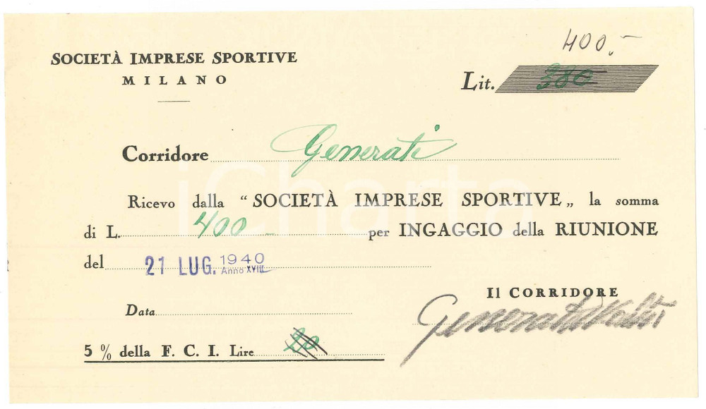 Autografo originale 1940 CICLISMO MILANO Ricevuta Walter GENERATI ingaggio VIGORELLI AUTOGRAFO 1
