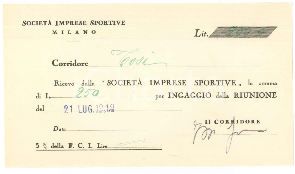 Autografo originale 1940 CICLISMO MILANO  Ricevuta Angelo TOSI per corsa AUTOGRAFO 1