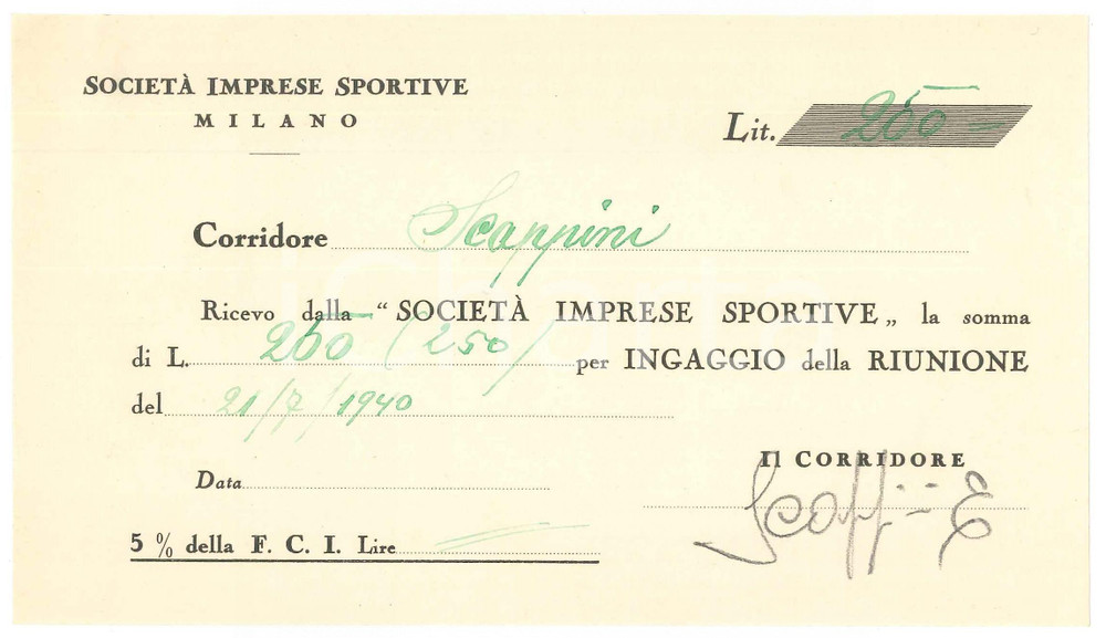 Autografo originale 1940 CICLISMO MILANO  Ricevuta Edgar SCAPPINI per corsa AUTOGRAFO 1