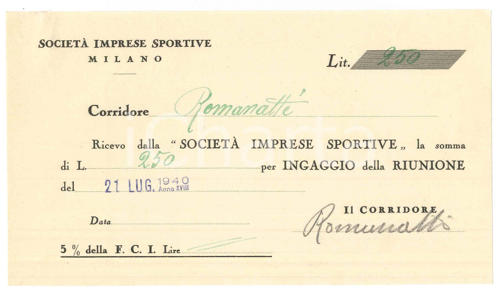 Autografo originale 1940 CICLISMO MILANO  Ricevuta Carlo ROMANATTI per corsa AUTOGRAFO 1