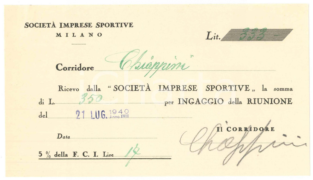 Autografo originale 1940 CICLISMO MILANO  Ricevuta Pietro CHIAPPINI per corsa AUTOGRAFO 1