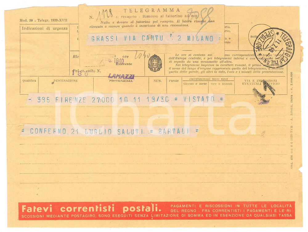 Documento originale, autentico 1940 CICLISMO  FIRENZE  Telegramma Gino BARTALI per conferma gara 1