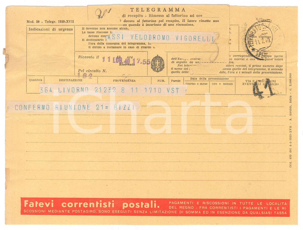 Documento originale, autentico 1940 CICLISMO  LIVORNO  Telegramma Olimpio BIZZI per conferma di una gara 1