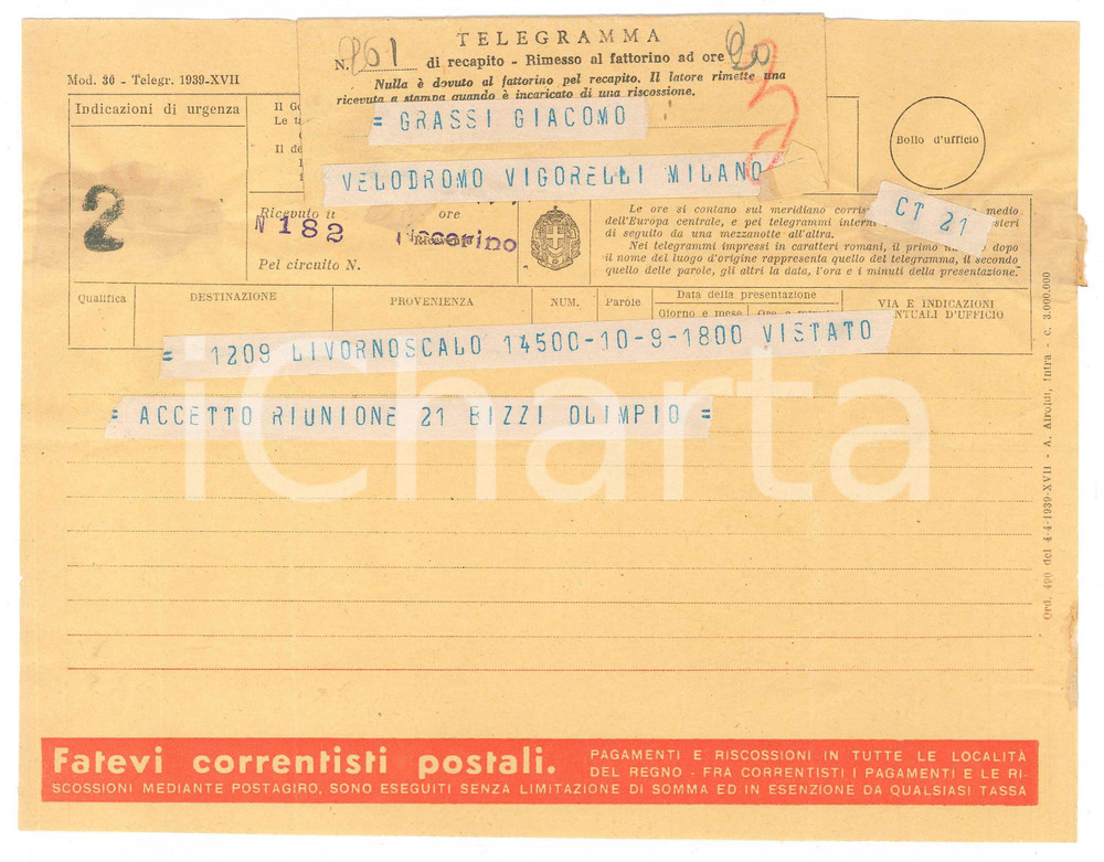 Documento originale, autentico 1940 CICLISMO  LIVORNO  Telegramma Olimpio BIZZI per conferma di gara 1