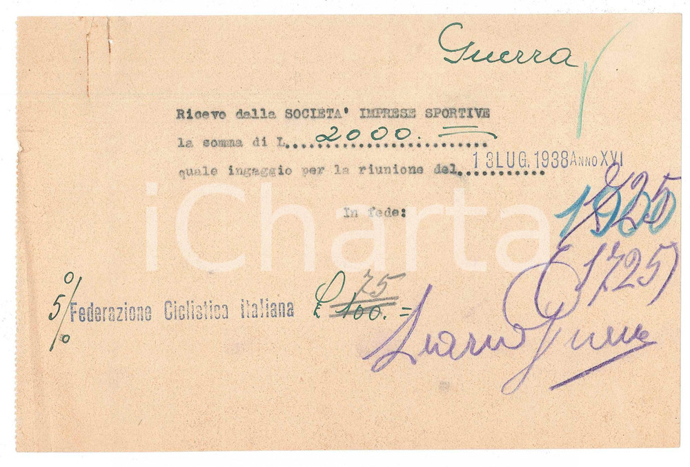 Autografo originale 1938 CICLISMO Milano Vigorelli  Ricevuta Learco GUERRA per corsa  AUTOGRAFO 1