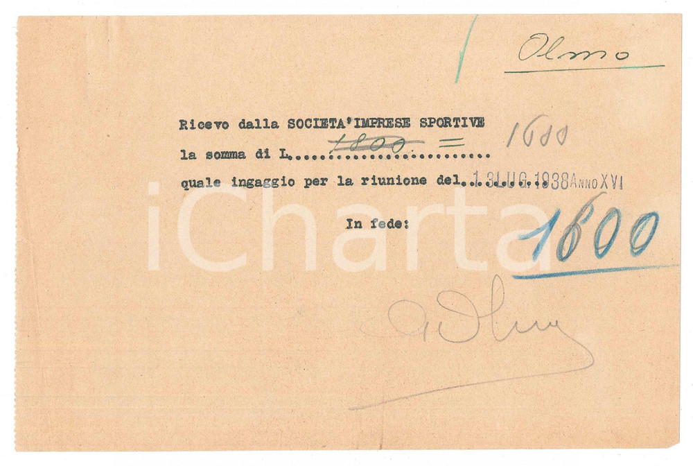 Autografo originale 1938 CICLISMO Milano Vigorelli  Ricevuta Giuseppe OLMO per corsa  AUTOGRAFO 1