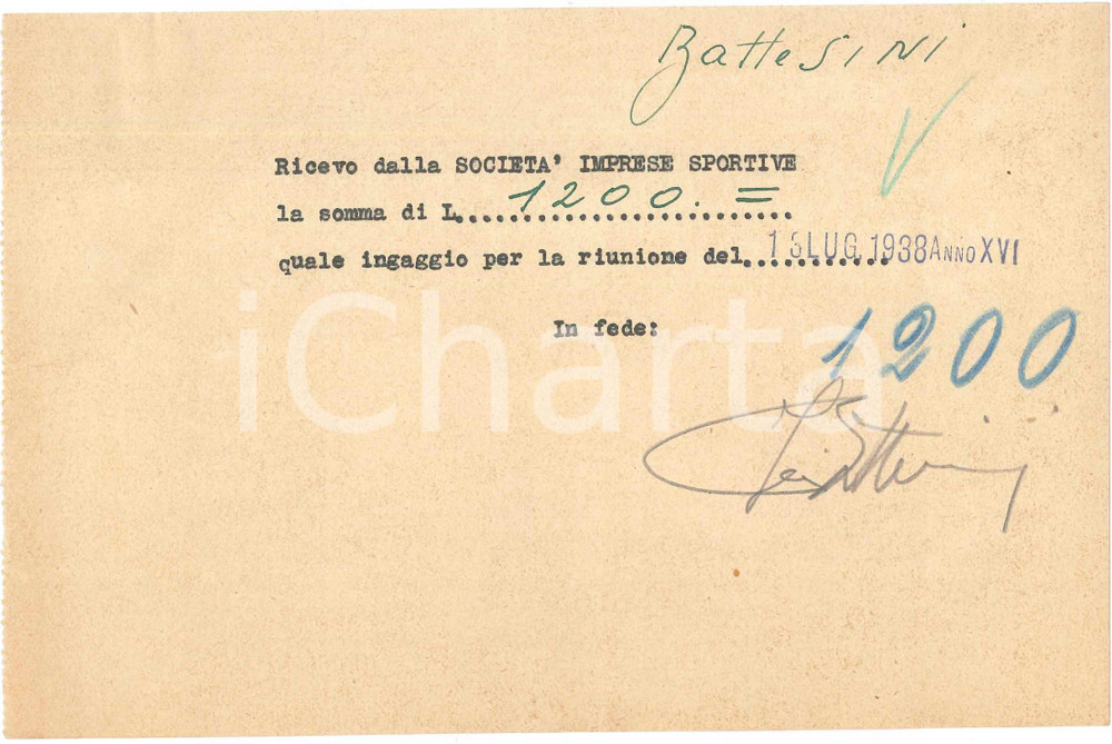 Autografo originale 1938 CICLISMO MILANO Ricevuta Fabio BATTESINI per ingaggio VIGORELLI  AUTOGRAFO 1