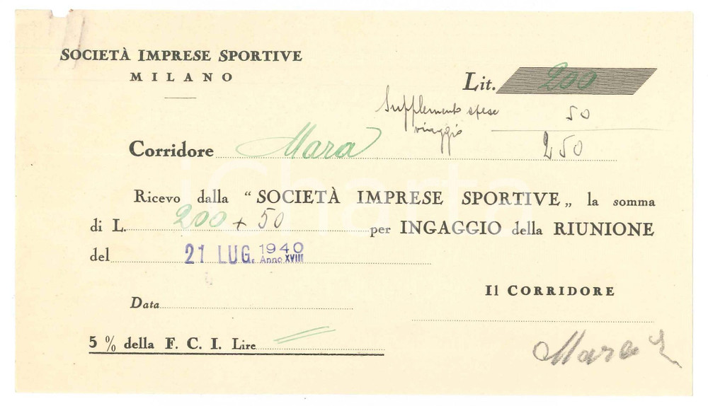 Autografo originale 1940 CICLISMO MILANO  Ricevuta Enrico MARA per corsa AUTOGRAFO 1