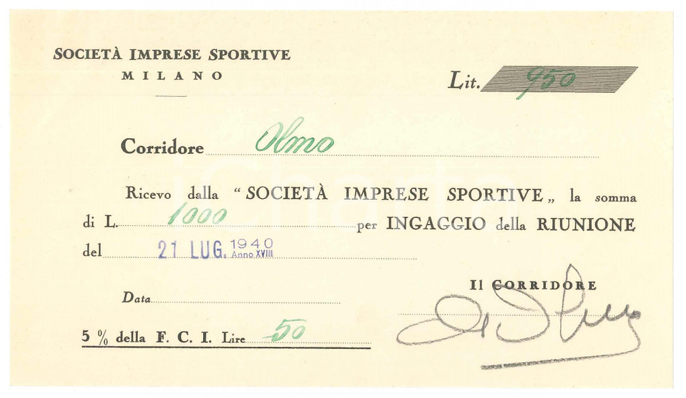 Autografo originale 1940 CICLISMO MILANO  Ricevuta Giuseppe OLMO per corsa AUTOGRAFO 1