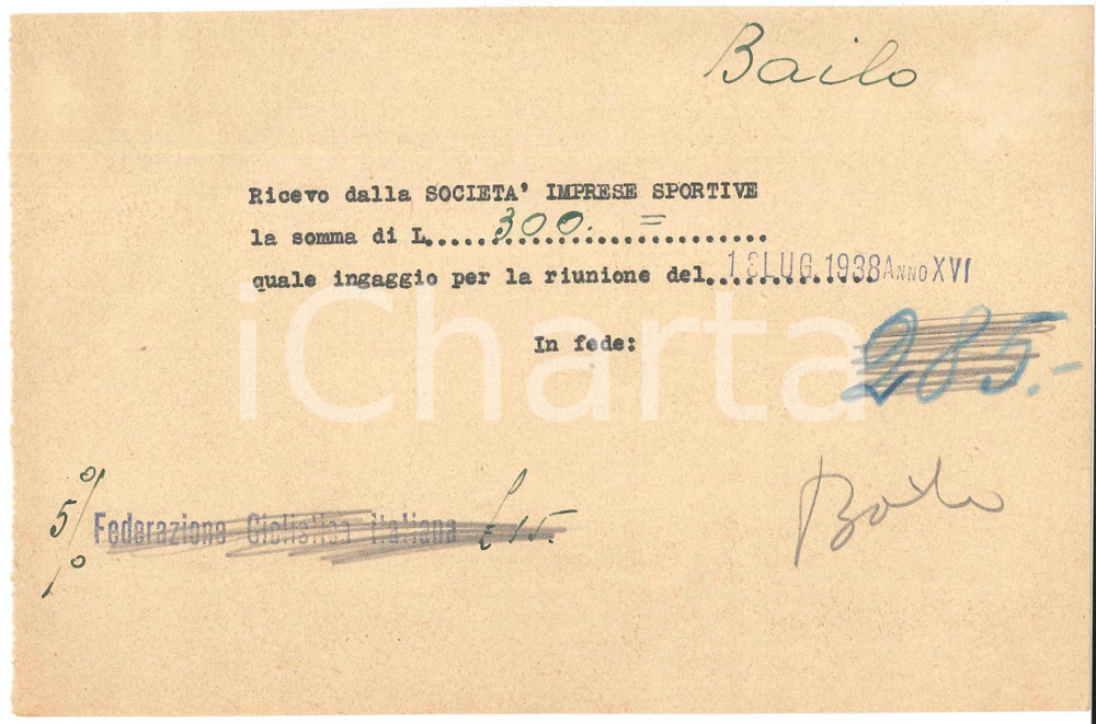Autografo originale 1938 CICLISMO MILANO  Ricevuta Osvaldo BAILO per corsa  AUTOGRAFO 1