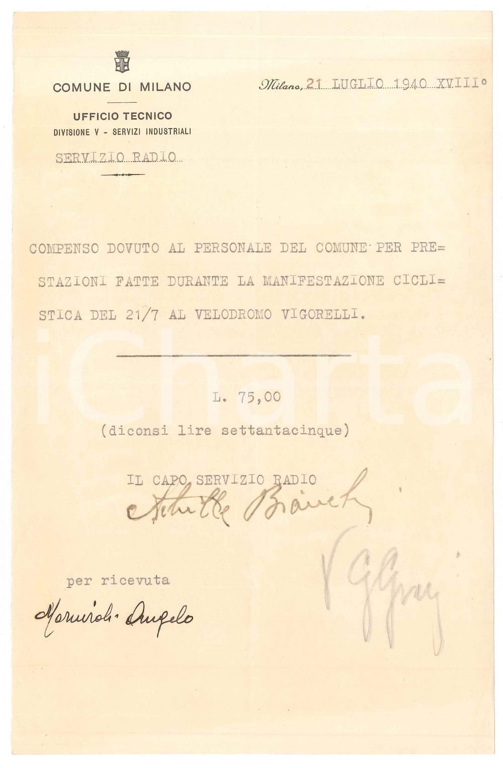 Documento originale, autentico 1940 CICLISMO MILANO  Ricevuta Achille BIANCHI per servizio radio al velodromo 1