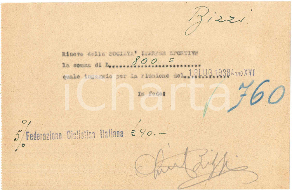 Autografo originale 1938 CICLISMO MILANO  Ricevuta Olimpio BIZZI per corsa  AUTOGRAFO 1