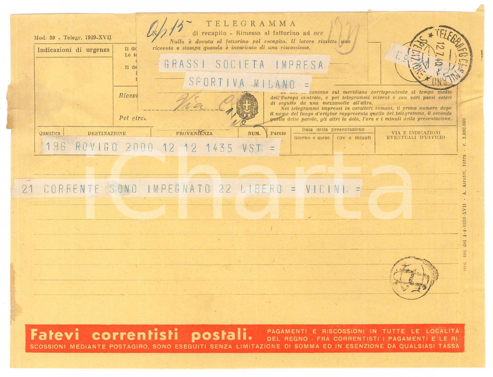 Documento originale, autentico 1940 CICLISMO  ROVIGO  Telegramma Mario VICINI per una gara 1