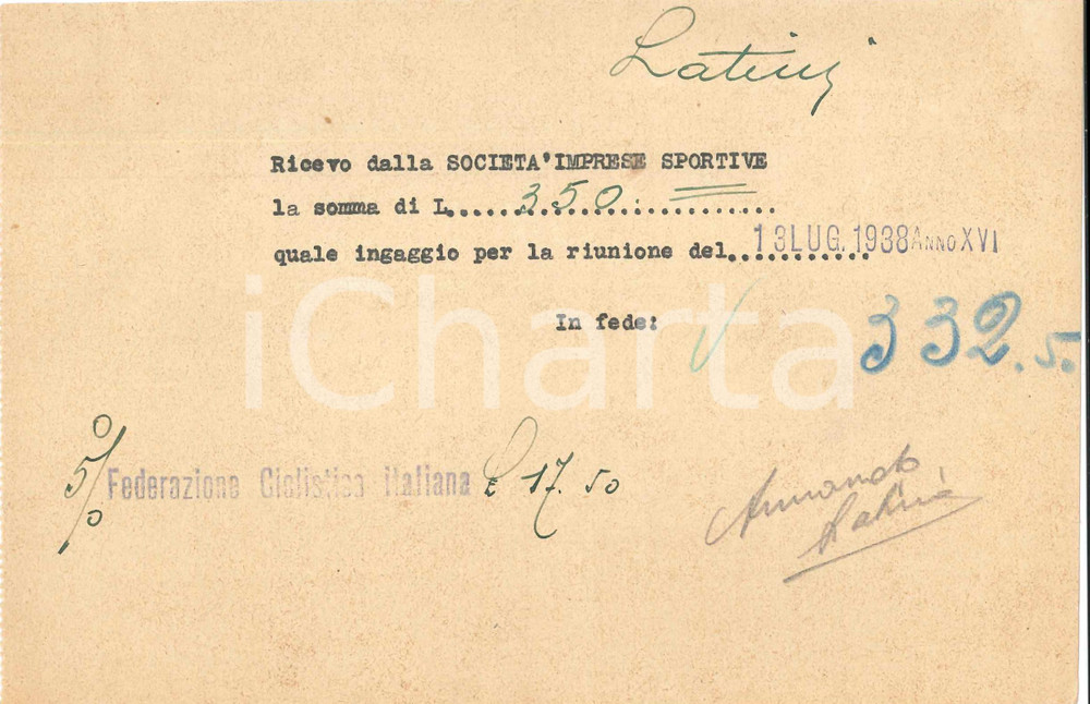 Autografo originale 1938 CICLISMO MILANO Ricevuta Armando LATINI per ingaggio VIGORELLI  AUTOGRAFO 1