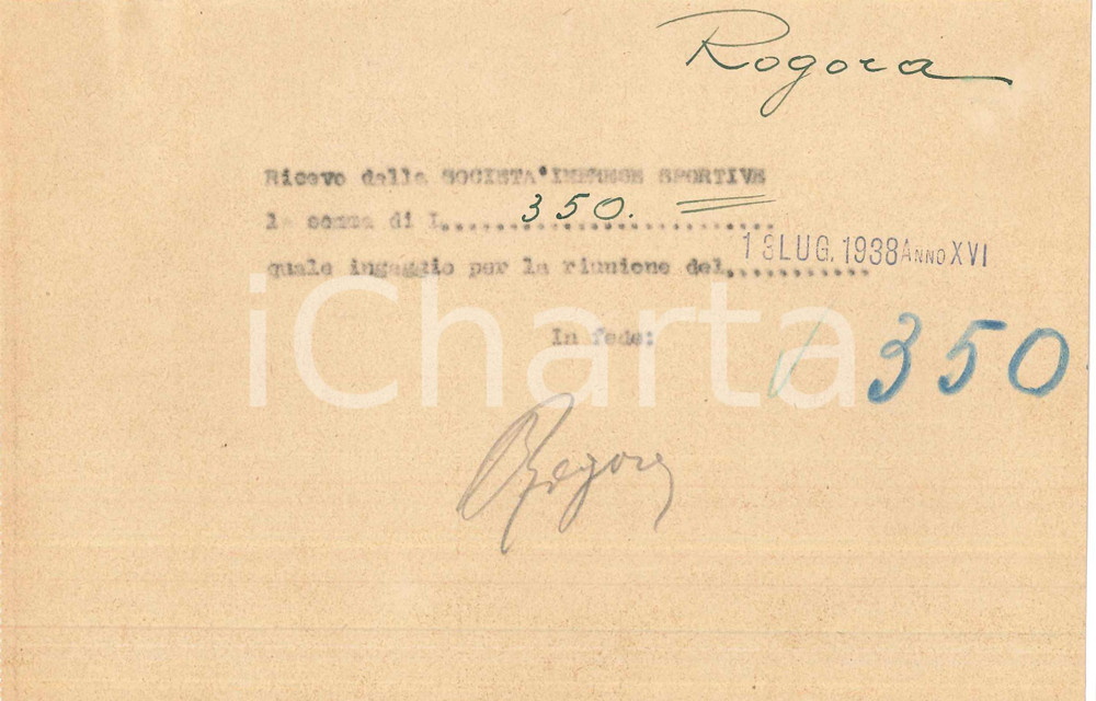 Autografo originale 1938 CICLISMO MILANO Ricevuta Bernardo ROGORA per ingaggio VIGORELLI  AUTOGRAFO 1