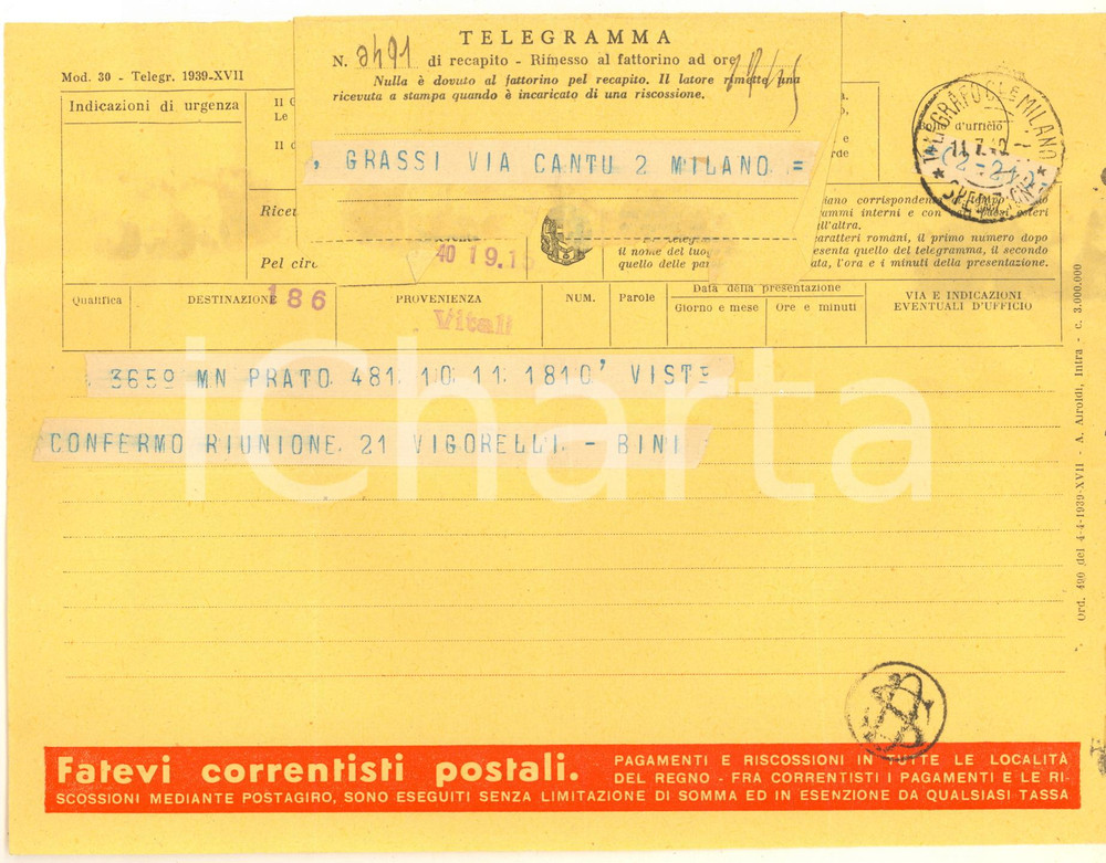 Documento originale, autentico 1940 CICLISMO  PRATO  Telegramma Aldo BINI per corsa al Velodromo Vigorelli 1