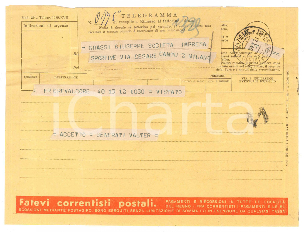 Documento originale, autentico 1940 CICLISMO  CREVALCORE  Telegramma Walter GENERATI per una gara 1