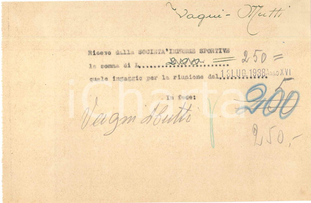 Autografo originale 1938 CICLISMO MILANO  Enrico VAGNI Luigi MUTTI Ricevuta ingaggio  AUTOGRAFI 1