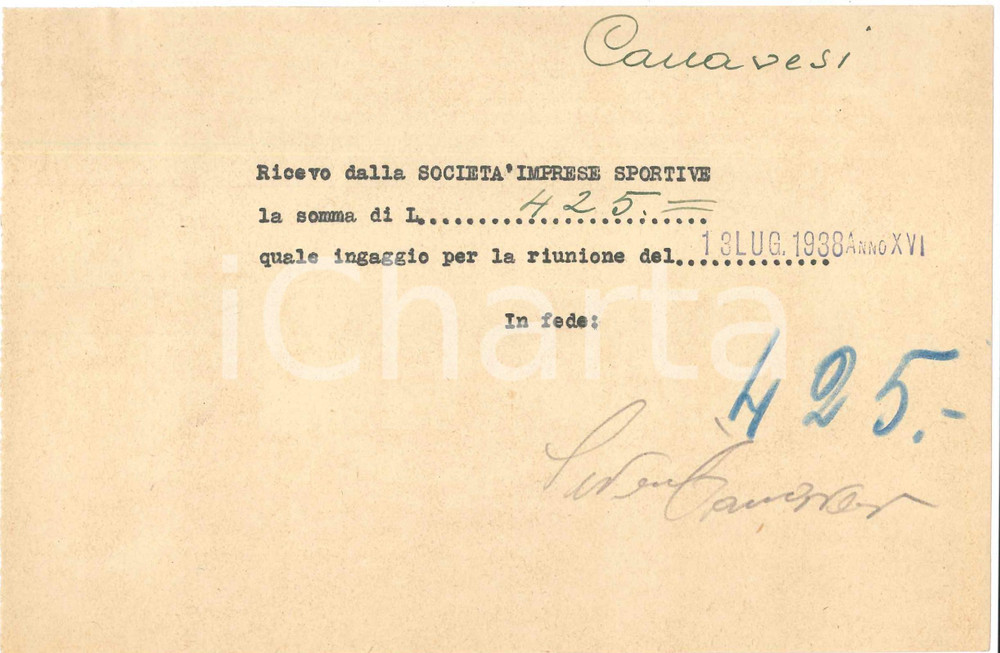 Autografo originale 1938 CICLISMO MILANO Ricevuta Severino CANAVESI ingaggio VIGORELLI  AUTOGRAFO 1