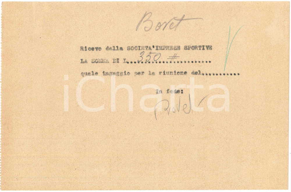 Autografo originale 1938 CICLISMO MILANO Ricevuta Alfredo BOVET per ingaggio VIGORELLI  AUTOGRAFO 1