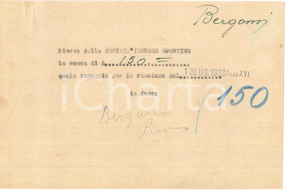 Autografo originale 1938 CICLISMO Milano Vigorelli  Ricevuta Primo BERGOMI per corsa  AUTOGRAFO 1