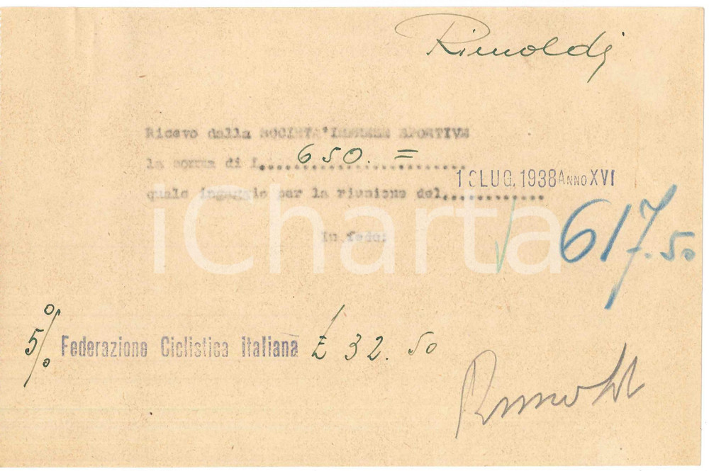 Autografo originale 1938 CICLISMO Milano Vigorelli  Ricevuta Pietro RIMOLDI per corsa  AUTOGRAFO 1