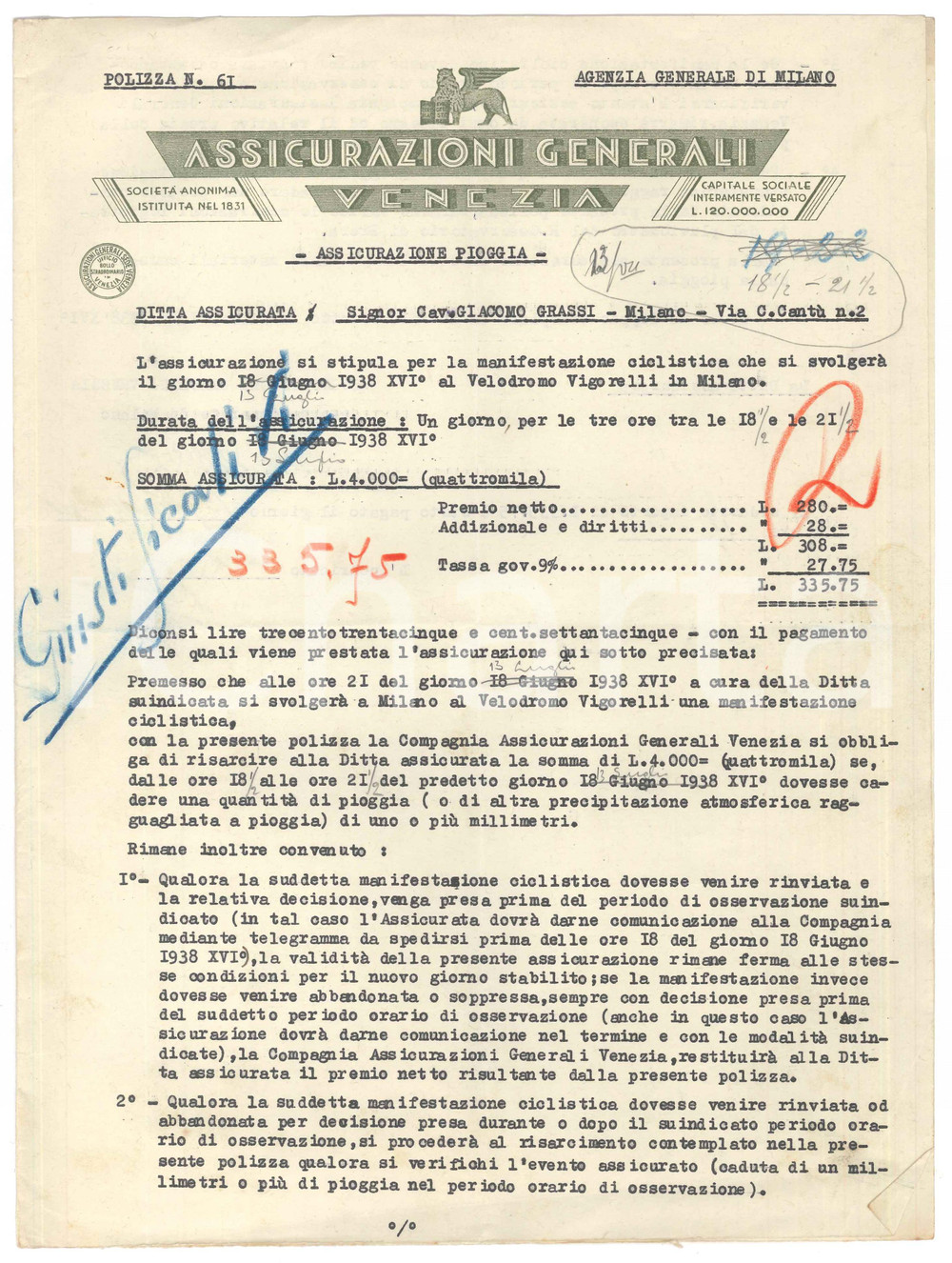 Documento originale, autentico 1938 ASSICURAZIONI GENERALI VENEZIA Polizza per gara CICLISMO Vigorelli MILANO 1