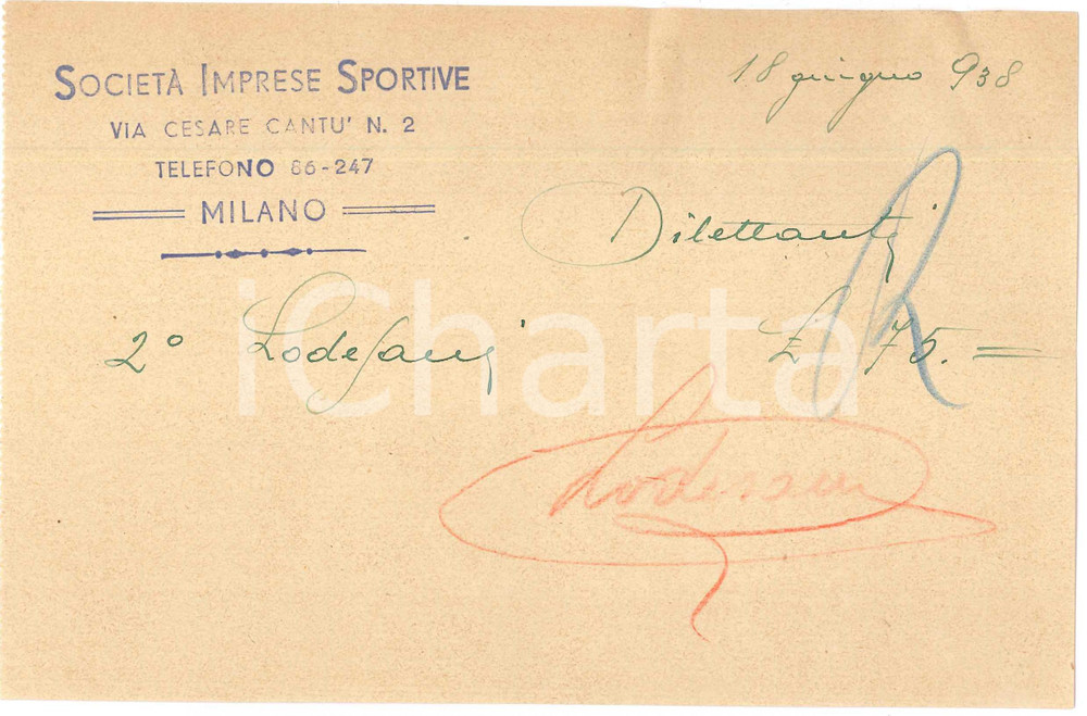 Autografo originale 1938 CICLISMO MILANO  Ricevuta Emilio LODESANI per corsa dilettanti AUTOGRAFO 1