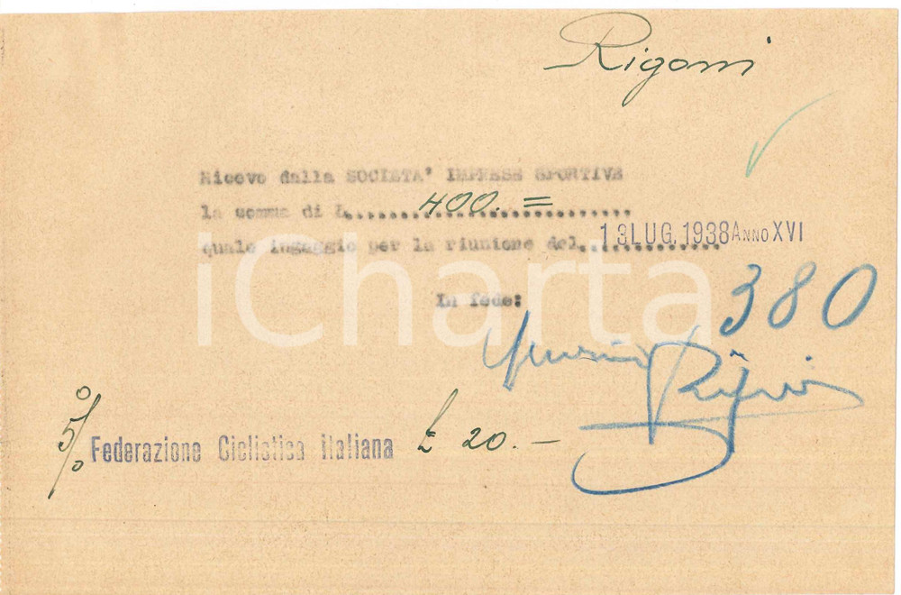 Autografo originale 1938 CICLISMO Milano Vigorelli  Ricevuta Severino RIGONI per corsa  AUTOGRAFO 1