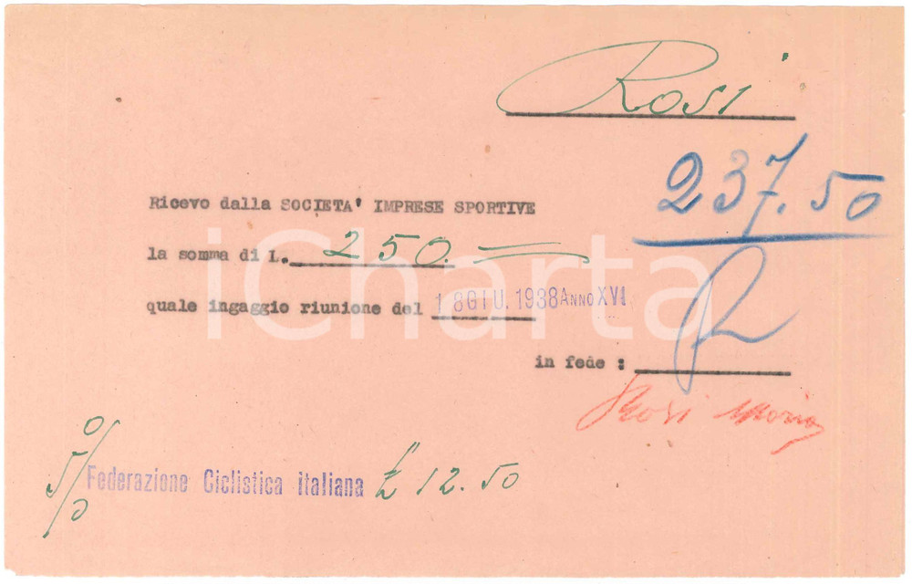 Autografo originale 1938 CICLISMO MILANO Ricevuta Mario ROSI per ingaggio al Vigorelli  AUTOGRAFO 1