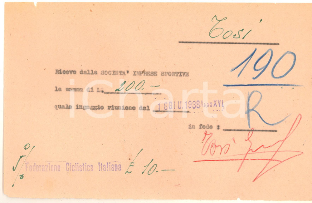 Autografo originale 1938 CICLISMO Milano Vigorelli  Ricevuta Angelo TOSI per corsa AUTOGRAFO 1