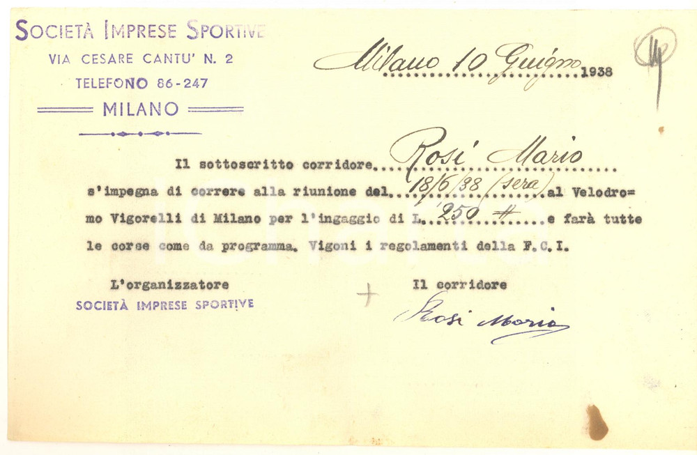 Autografo originale 1938 CICLISMO MILANO Ricevuta Mario ROSI per ingaggio al Vigorelli AUTOGRAFO 1