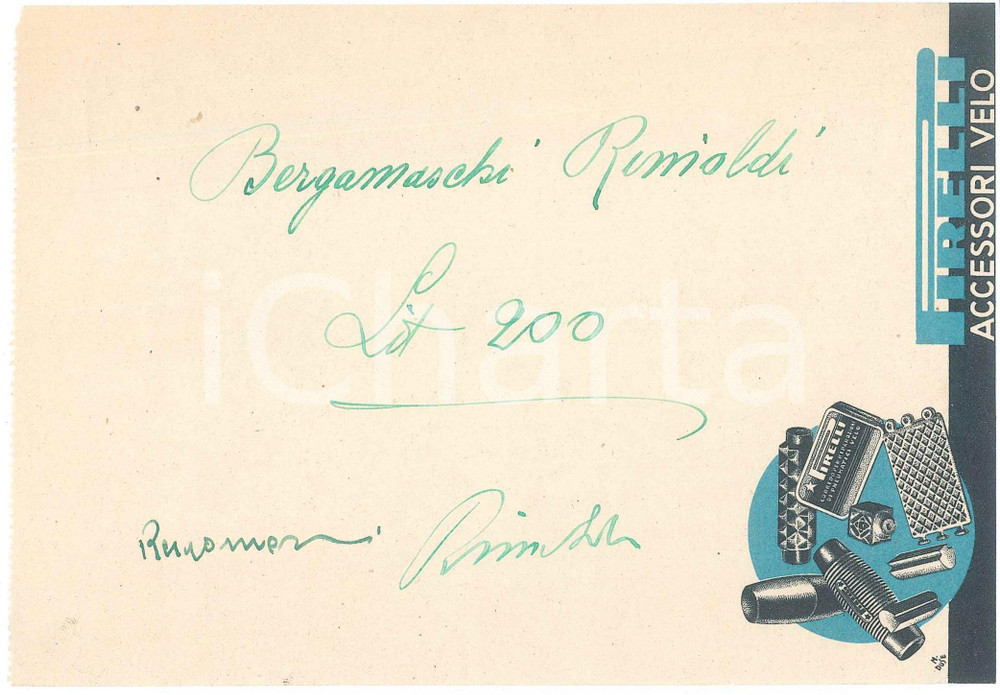 Autografo originale 1940 ca CICLISMO Autografi Vasco BERGAMASCHI Pietro RIMOLDI su ricevuta PIRELLI 1