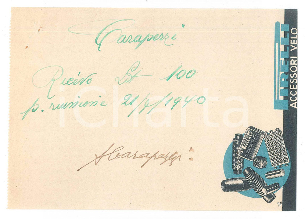 1940 ca CICLISMO Autografo Adone CARAPEZZI su ricevuta PIRELLI accessori velo