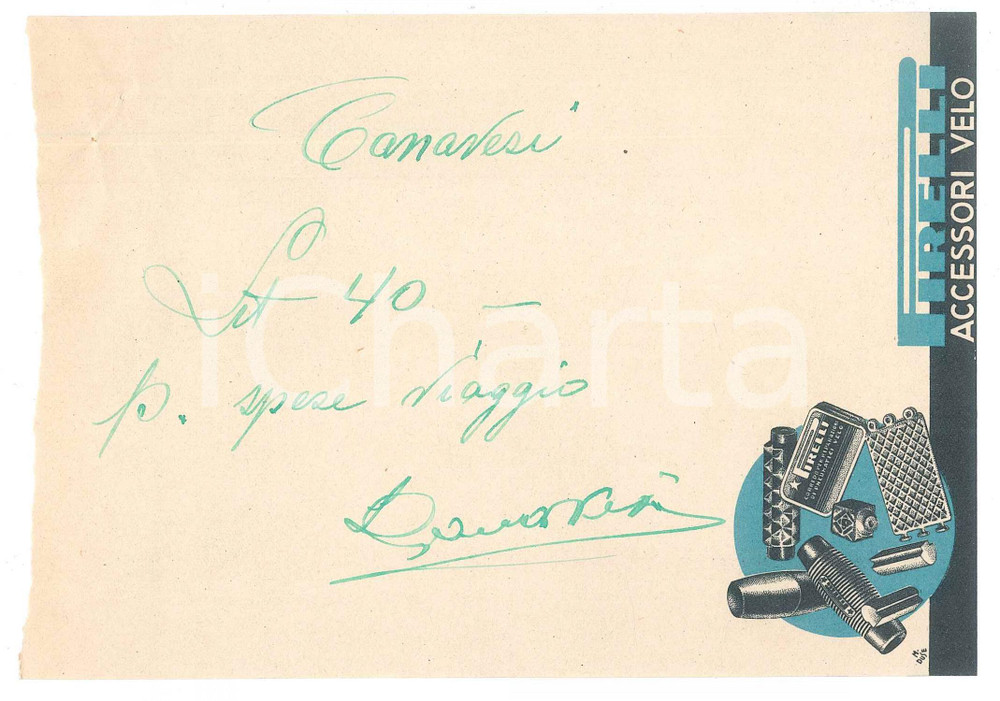 Autografo originale 1940 ca CICLISMO Autografo Severino CANAVESI su ricevuta PIRELLI accessori velo 1