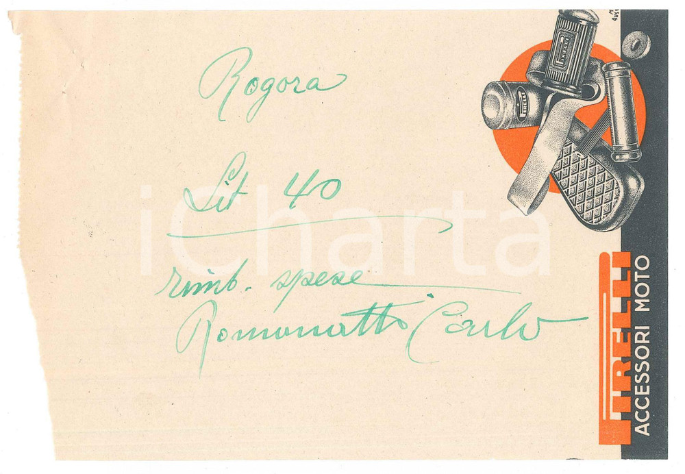 1940 ca CICLISMO - Autografo Carlo ROMANATTI su ricevuta PIRELLI accessori moto