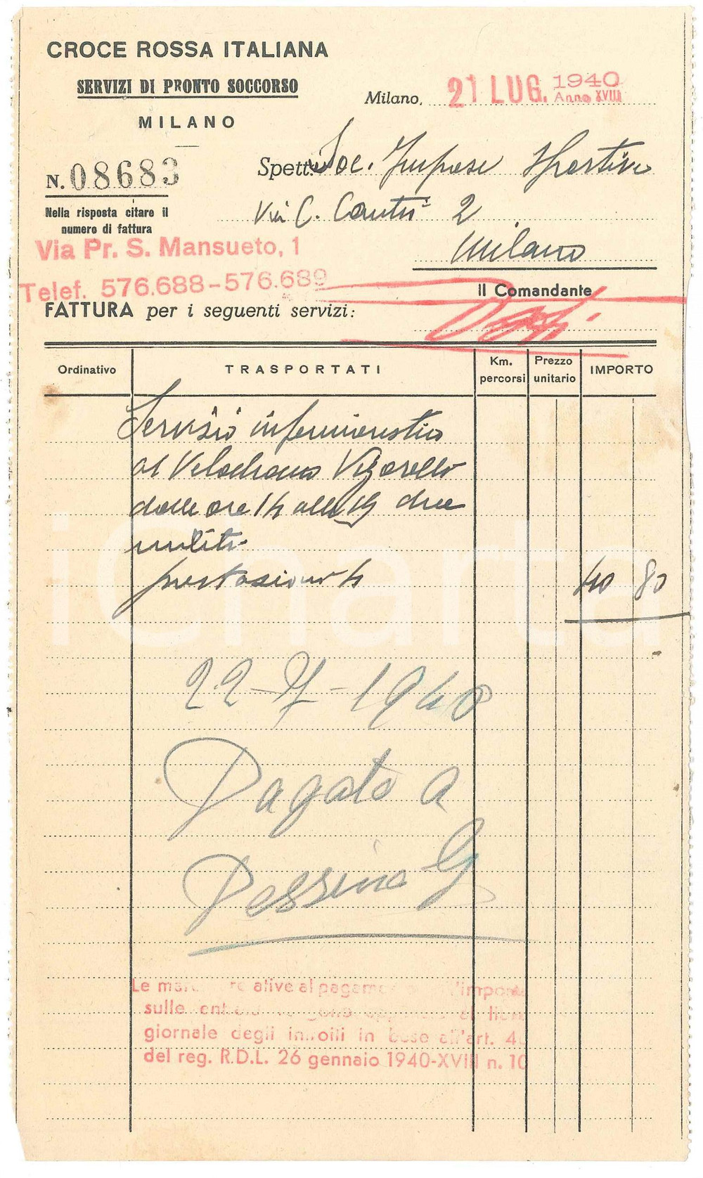 Documento originale, autentico 1940 MILANO CROCE ROSSA Fattura servizio infermieristico gara CICLISMO Vigorelli 1